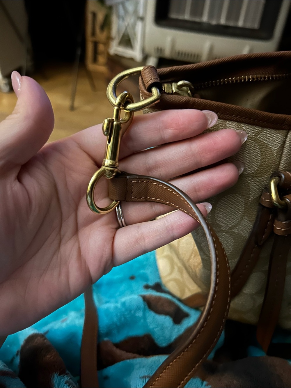 Coach Beige Peyton Signature Canvas Shoulder Bag with Brown Leather Trim - Picture 14 of 16